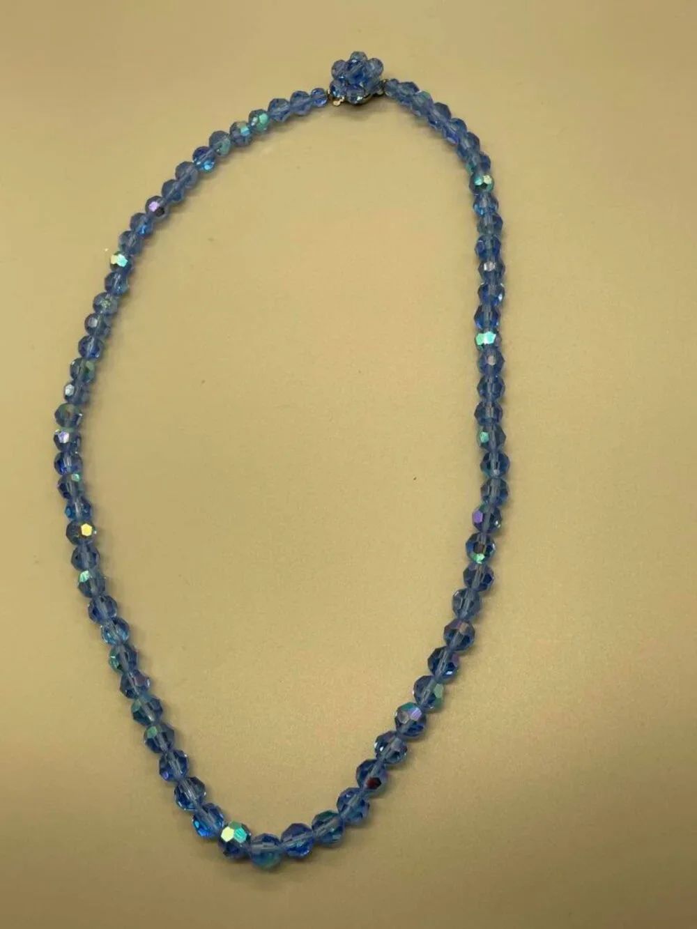 VTG Sparkling Blue Faceted Crystal Glass Beads Long Necklace Decorative Clasp